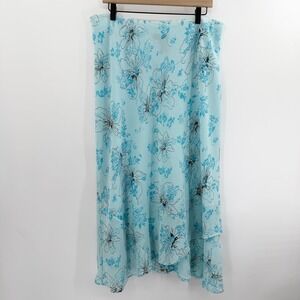 Vintage Y2K Fairy Floral Midi Maxi Skirt in Icy Blue Hibiscus Print Size 16